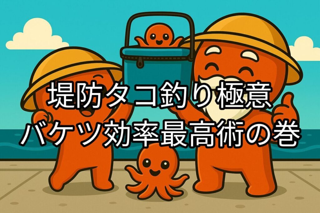タコ仙人とタコボーイが堤防で嬉しそうにバケツを掲げている様子