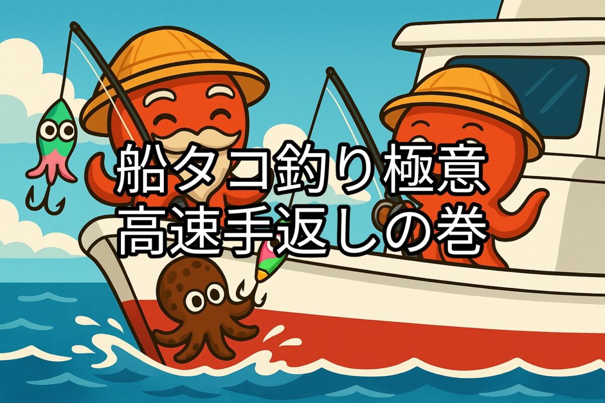 船の上で釣りをするタコ仙人とタコボーイのイラスト