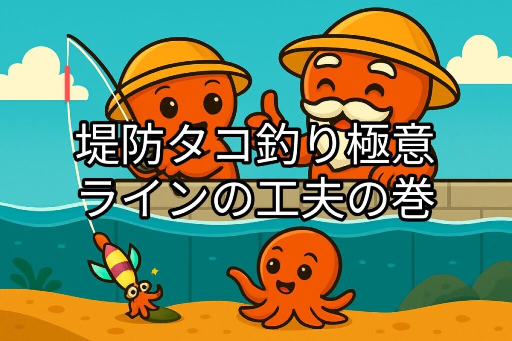 タコ仙人とタコボーイの堤防釣りイラスト。ラインには底を測るための赤い目印を入れている。