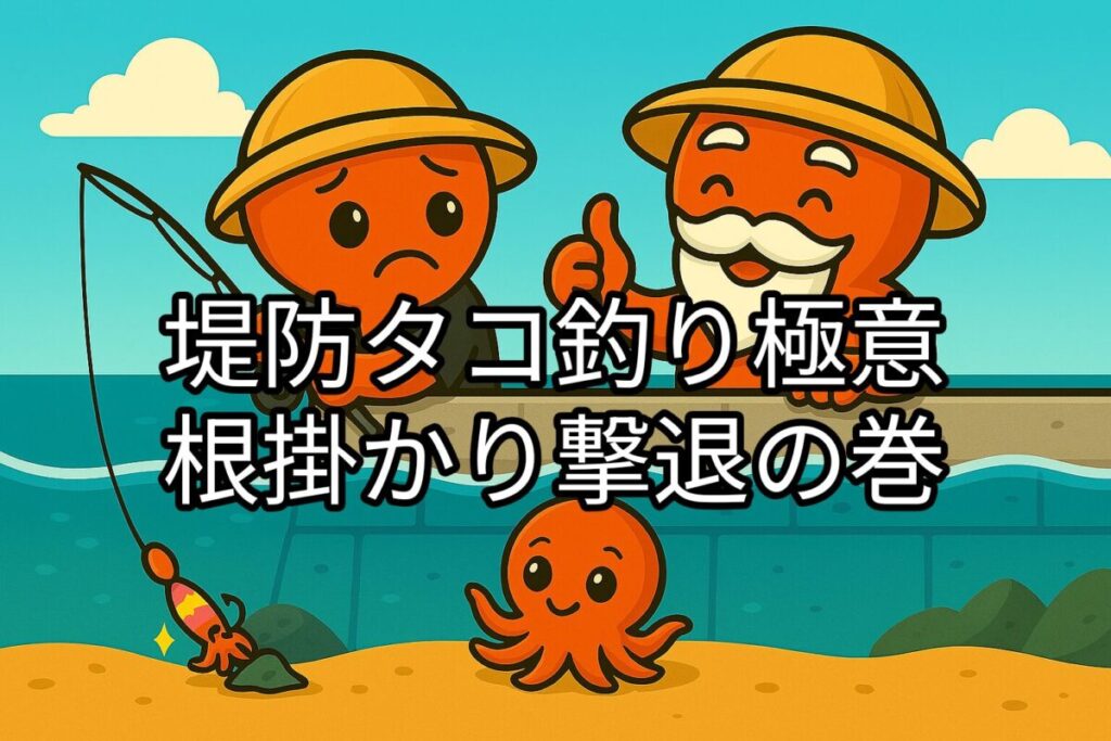 堤防でタコ釣りをしているタコ仙人とタコボーイのイラスト。タコボーイが根掛かりをして困っている様子。