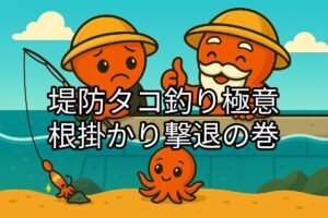 堤防でタコ釣りをしているタコ仙人とタコボーイのイラスト。タコボーイが根掛かりをして困っている様子。