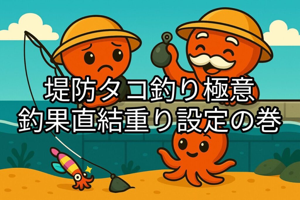 堤防タコ釣りをするタコ仙人とタコボーイのイラスト。仕掛けが流されて困っているタコボーイにタコ仙人がアドバイスをしている様子。