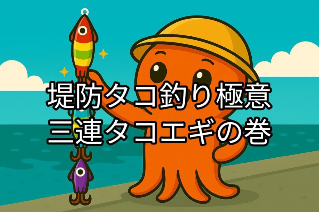 3連タコエギを持つタコボーイのカワイイキャラクターイラスト