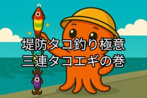 3連タコエギを持つタコボーイのカワイイキャラクターイラスト