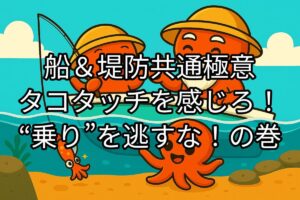 船の上でタコ釣りをするタコ仙人とタコボーイのイラスト。タコボーイのタコエギには、タコが近づいている。
