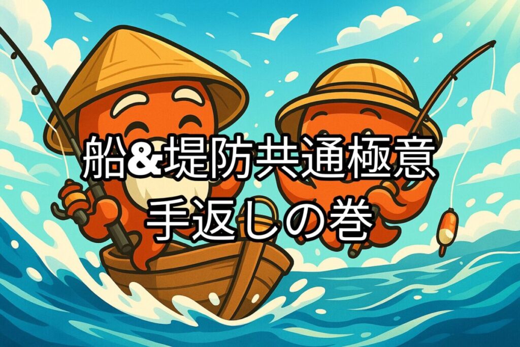 タコ仙人とタコボーイがスピード感のある船に乗っているカワイイキャラクターイラスト。
