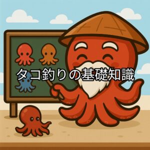 タコ釣りの基礎知識を黒板を使って説明しているタコ仙人のキャラクターイラスト