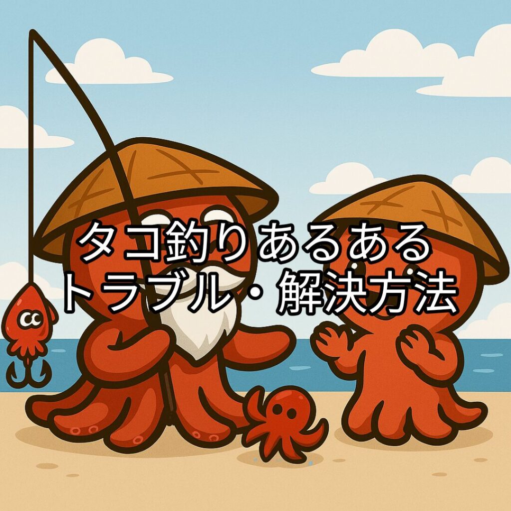 タコ仙人が嬉しそうにタコ釣りのアルアルをタコボーイに説明しているイラスト