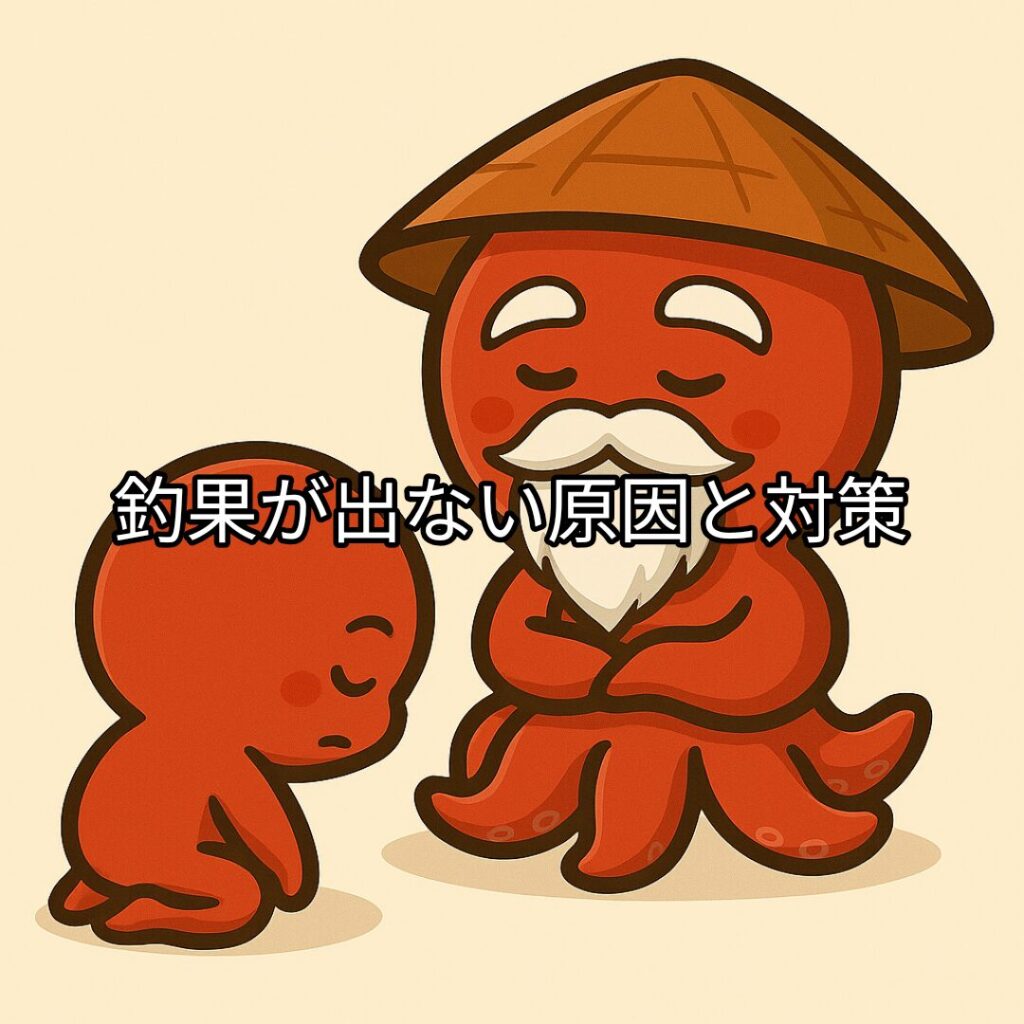 タコ仙人が釣果に悩んだタコボーイに指導・アドバイスをしている様子のイラスト