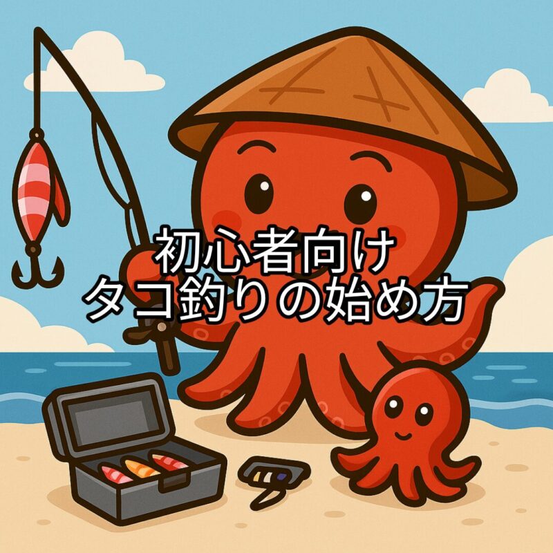 タコボーイがワクワクしながらタコ釣りにチャレンジする様子のキャラクターイラスト
