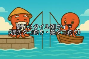 タコ仙人が堤防釣り、タコボーイが船釣りをしている可愛いキャラクターイラスト