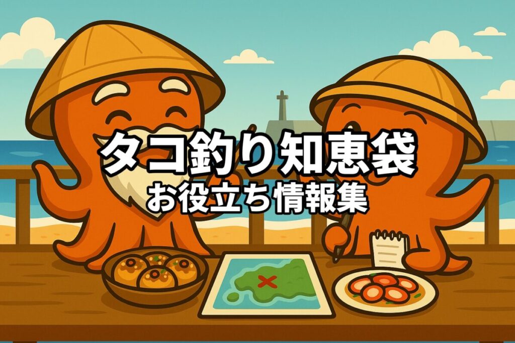 テラス席で勉強するタコボーイのイラスト画像。タコ仙人が地図を開いて説明をしている。イラスト中央には、タコ釣り知恵袋の表記。
