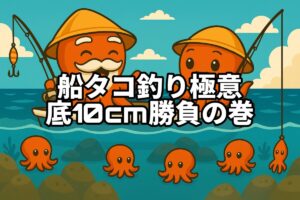 船からタコ釣りをするタコ仙人とタコボーイのイラスト画像