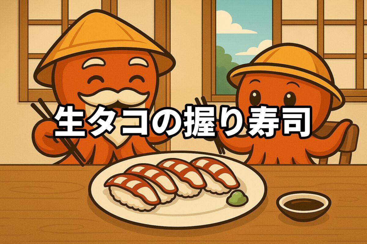 生タコの握り寿司を料理するタコ仙人とタコボーイのイラスト画像