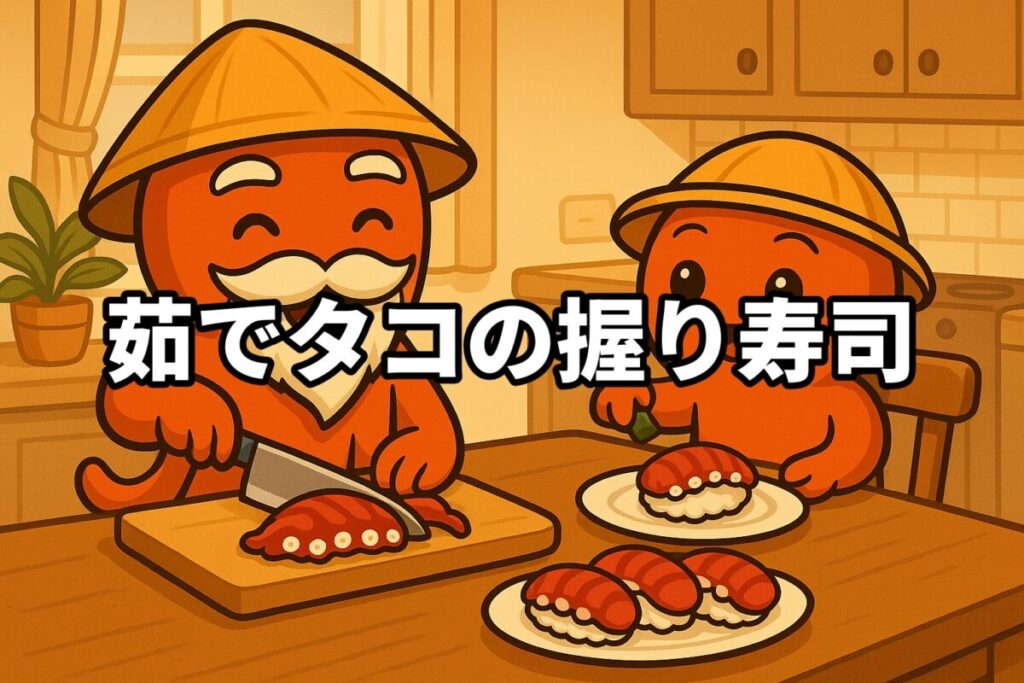 茹でタコの握り寿司を料理するタコ仙人とタコボーイのイラスト画像
