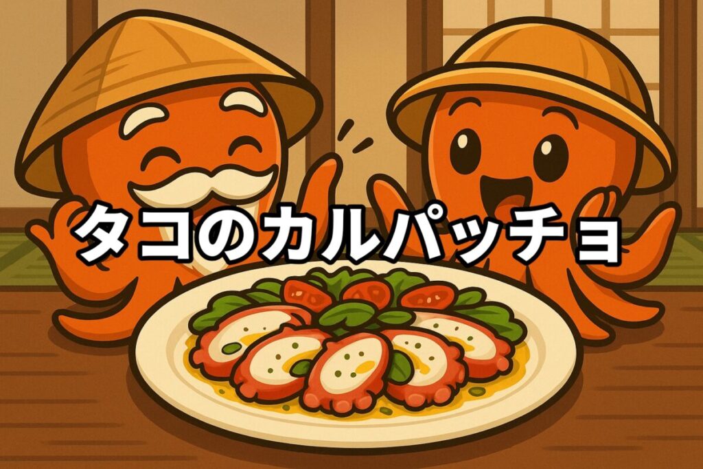 タコのカルパッチョを料理するタコ仙人とタコボーイのイラスト画像