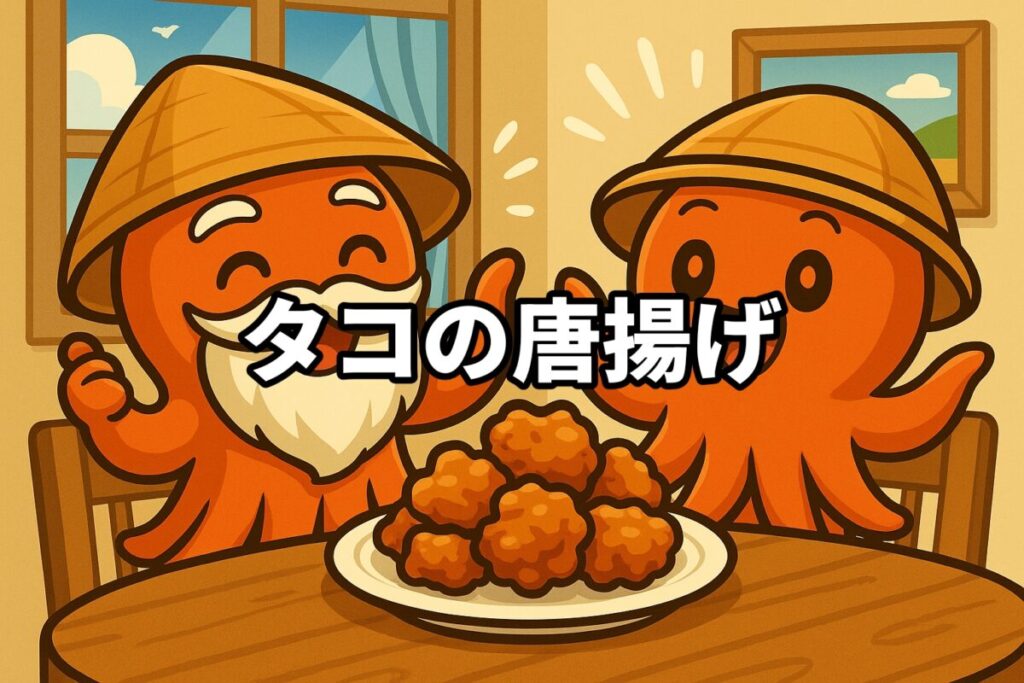 タコの唐揚げを料理するタコ仙人とタコボーイのイラスト画像