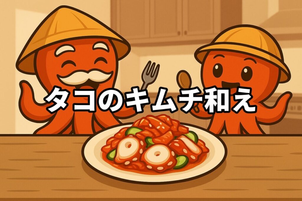 タコのキムチ和えを料理するタコ仙人とタコボーイのイラスト画像