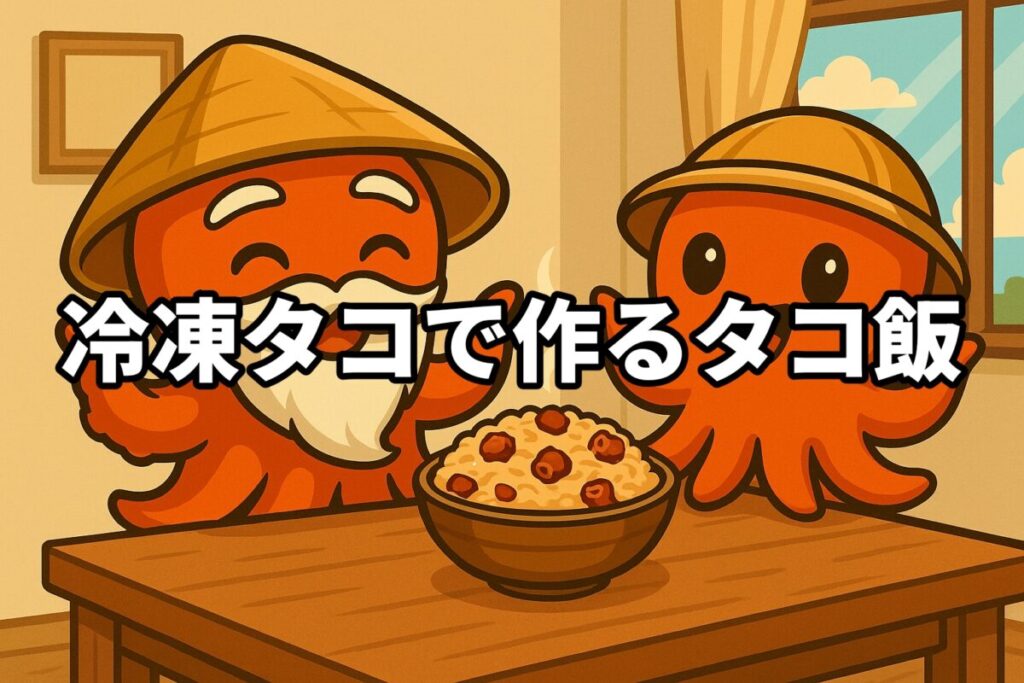 冷凍タコでタコ飯を料理するタコ仙人とタコボーイのイラスト画像