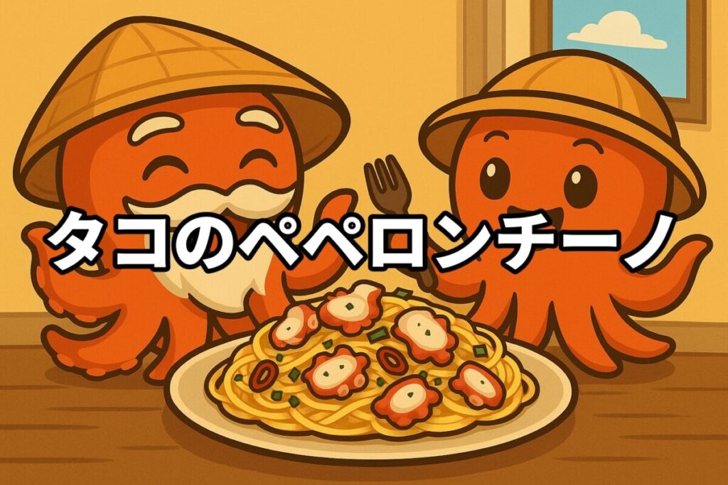 タコのペペロンチーノを料理するタコ仙人とタコボーイのイラスト画像