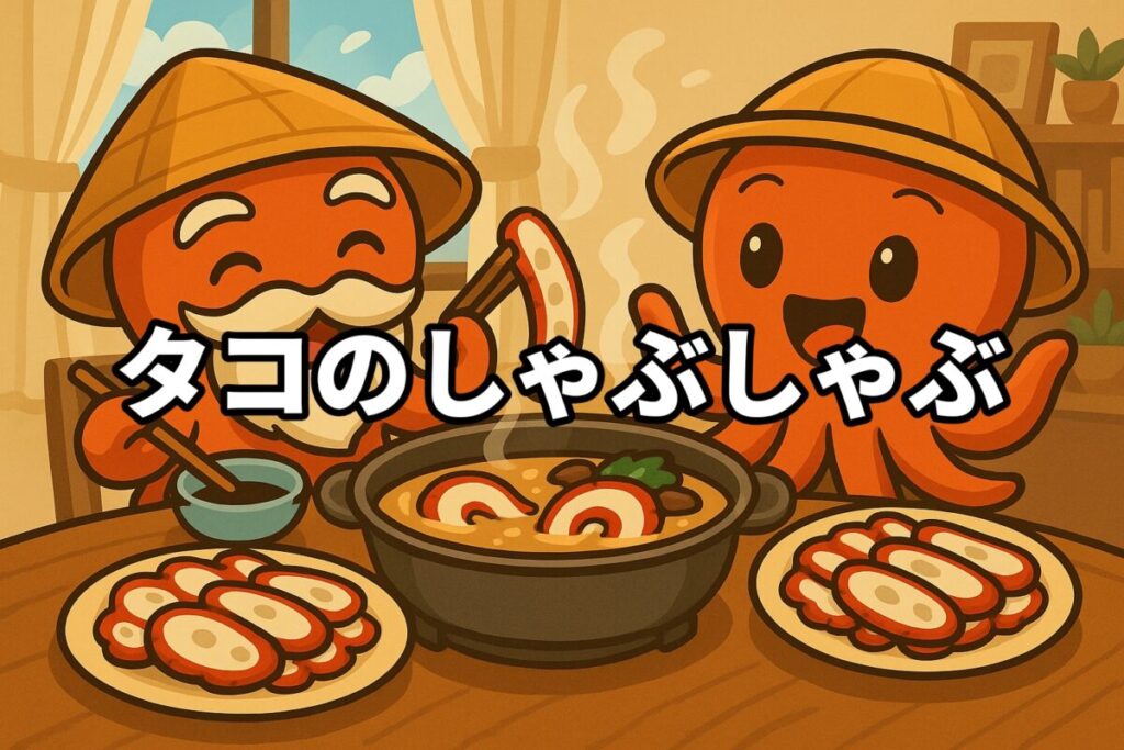 タコのしゃぶしゃぶ(タコ鍋)を料理するタコ仙人とタコボーイのイラスト画像
