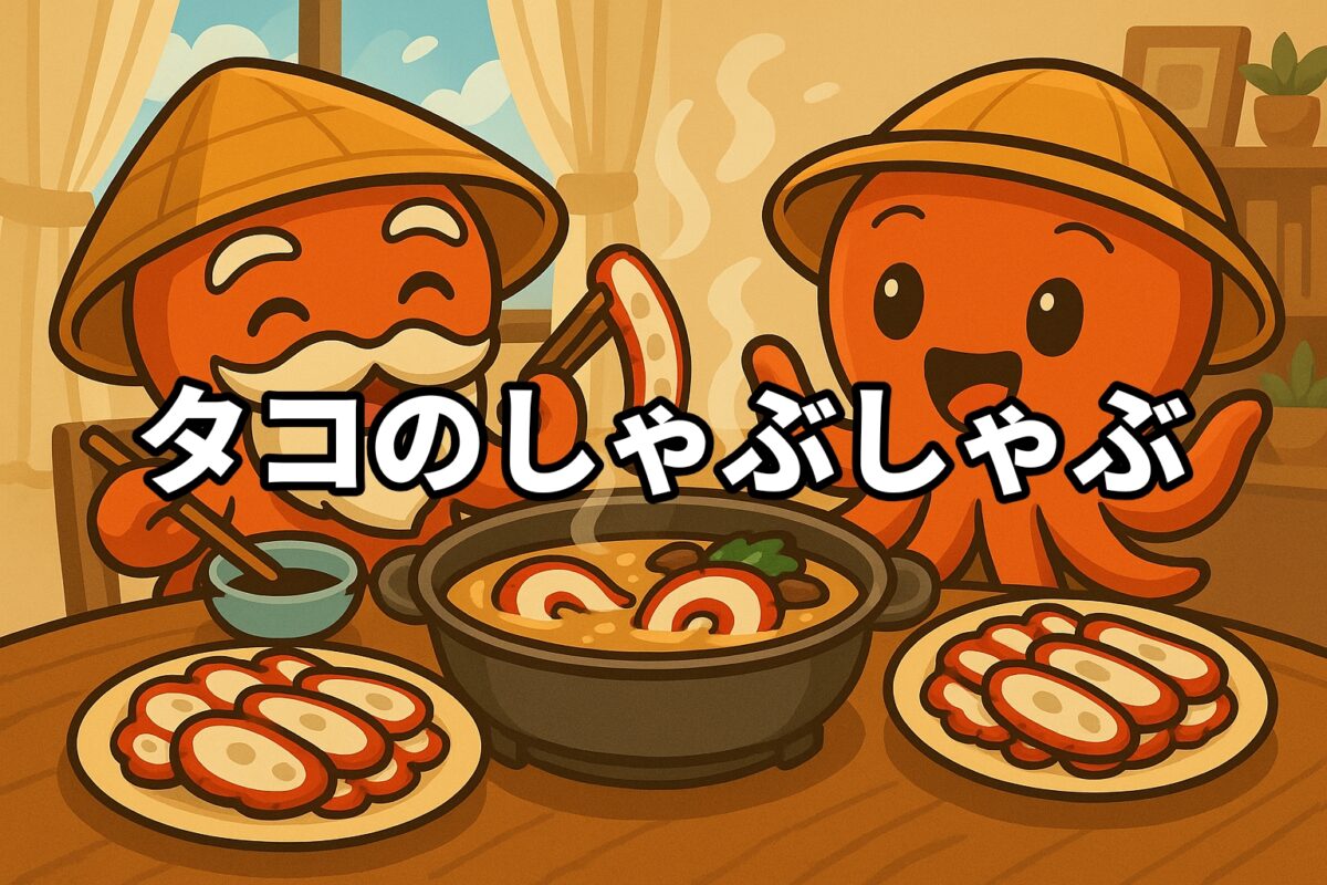 タコのしゃぶしゃぶ(タコ鍋)を料理するタコ仙人とタコボーイのイラスト画像