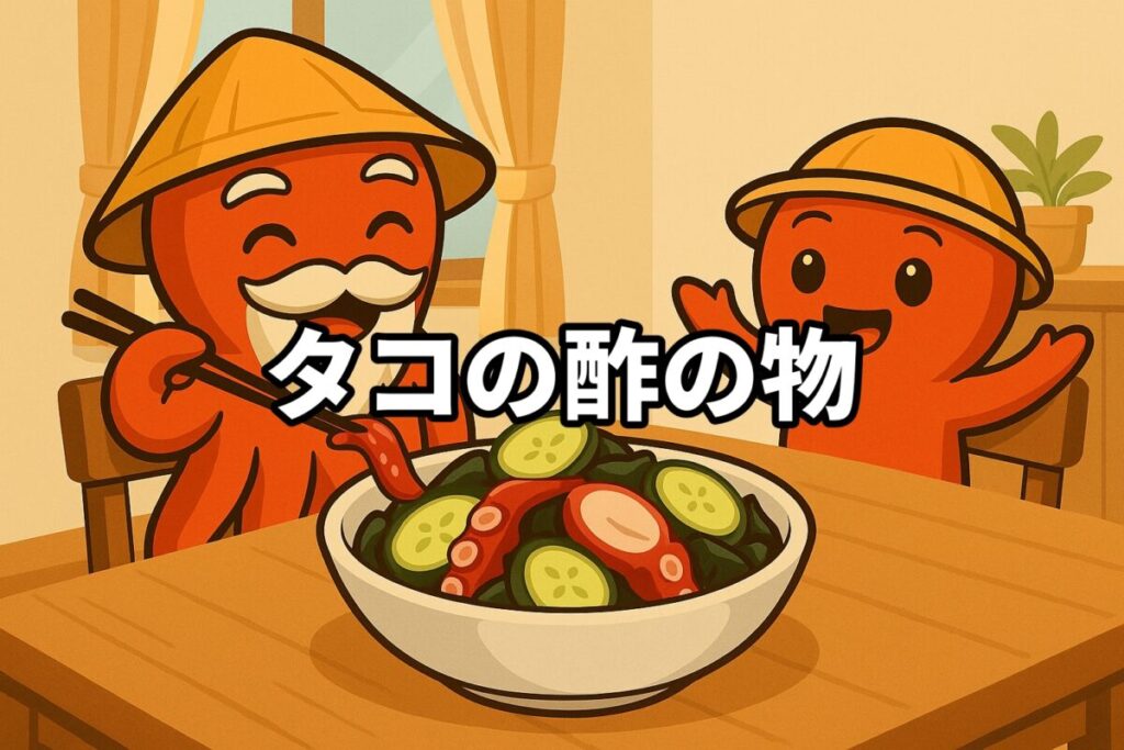 タコの酢の物を料理するタコ仙人とタコボーイのイラスト画像