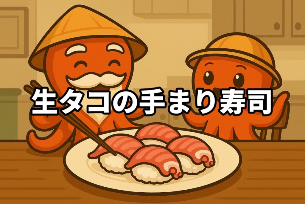 生タコの手まり寿司を料理するタコ仙人とタコボーイのイラスト画像