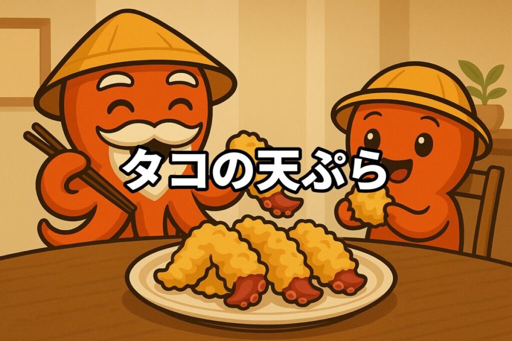 タコの天ぷらを料理するタコ仙人とタコボーイのイラスト画像